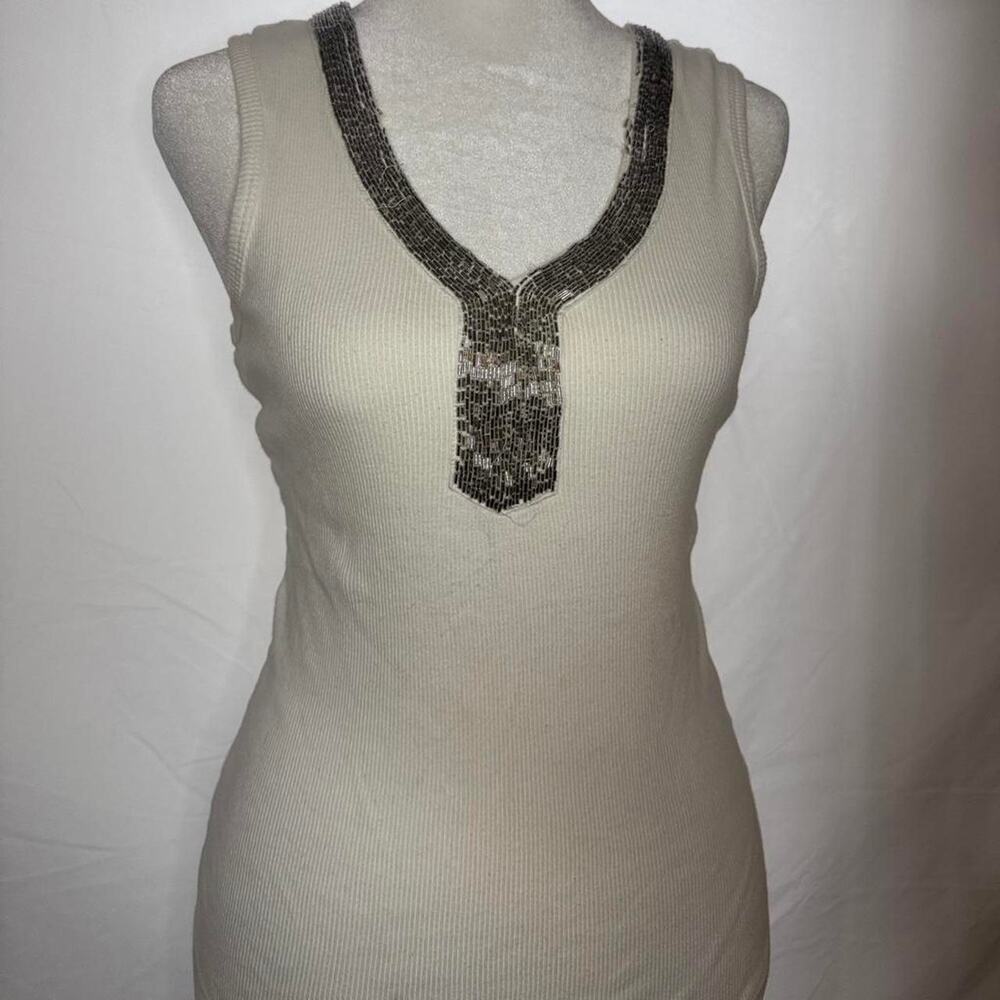White ribbed vneck tank silver beaded sequins